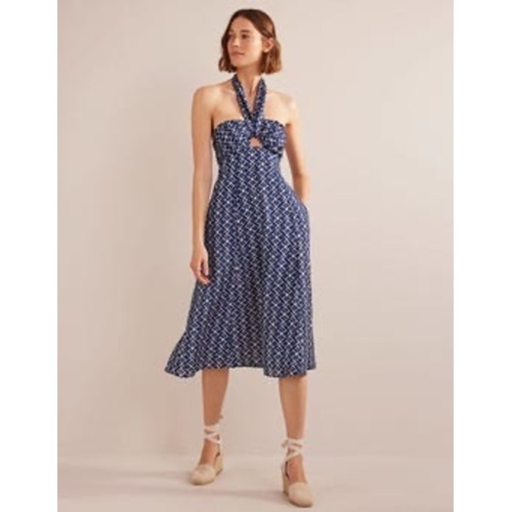 Boden Navy White Halter Neck Cut Out Midi Dress Women 14R Cotton Resortwear Chic
